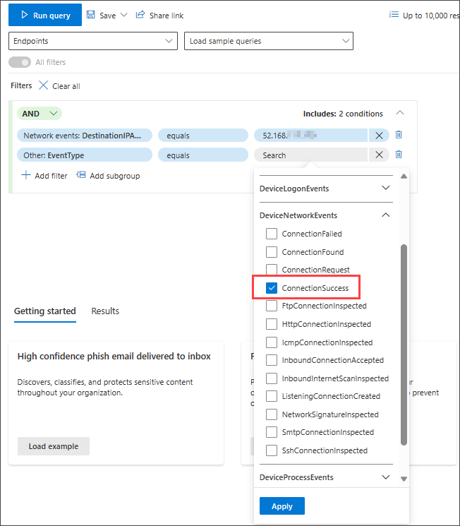 Capture d’écran de la recherche du générateur de requêtes en mode guidé pour les connexions réussies à une troisième condition IP spécifique