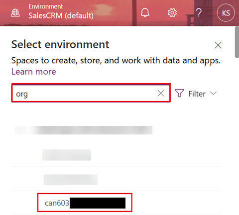 Capture d’écran de la sélection de votre organisation dans le portail Power Apps.