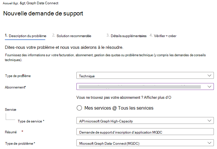 Capture d’écran montrant la sélection de rubriques dans une demande de support Azure pour faire référence à un problème avec Microsoft Graph Data Connect.