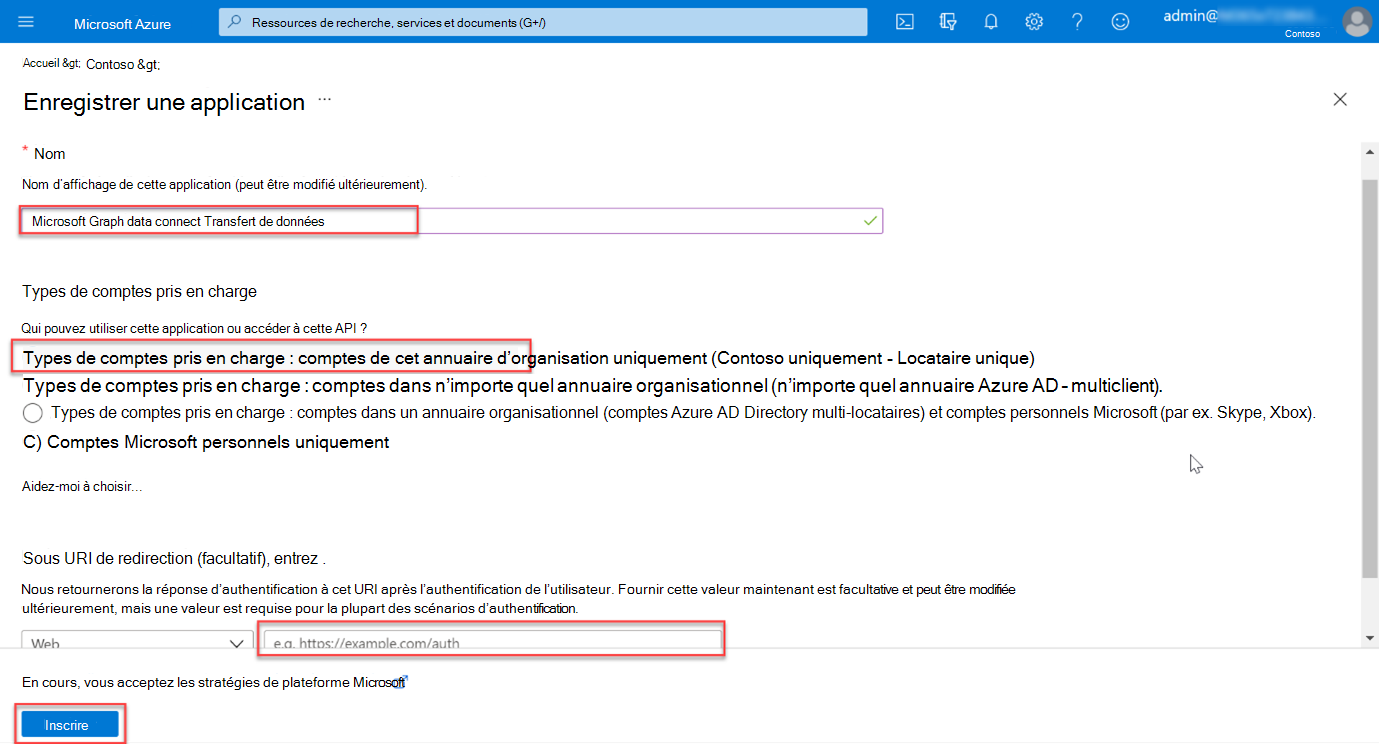 Capture d’écran montrant les étapes d’inscription d’une nouvelle application dans le portail Azure.