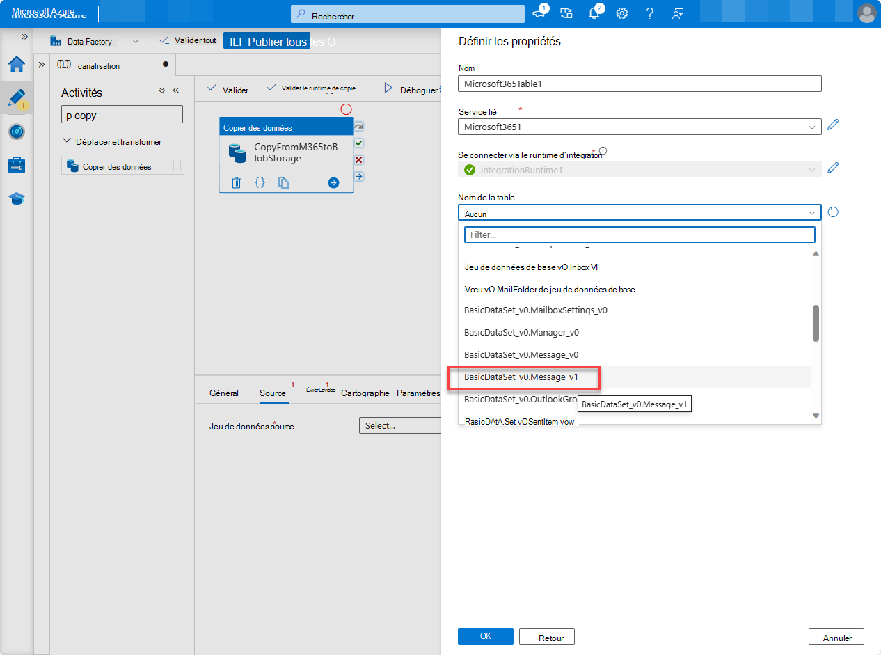 Capture d’écran de la page ressources de fabrique du portail Azure avec la liste des jeux de données développée.