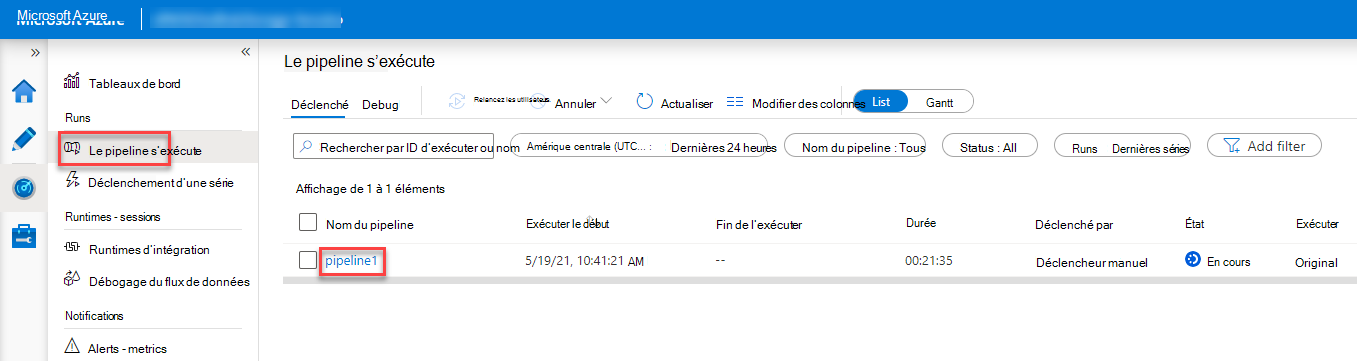 Capture d’écran de la page Exécutions de pipeline du portail Azure avec pipeline1 mis en surbrillance.