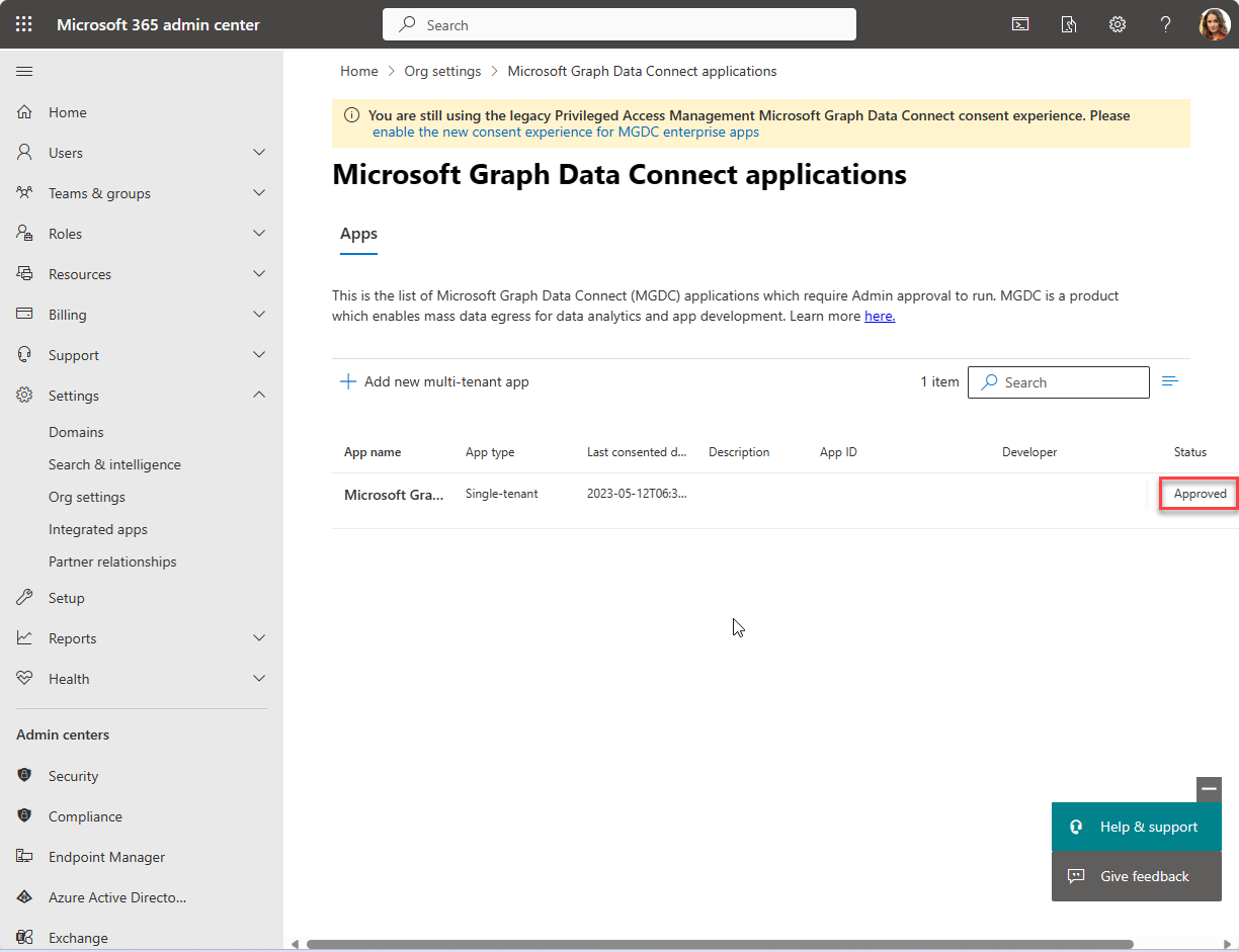 Capture d’écran montrant l’application approuvée dans la page d’accueil du portail des applications Microsoft Graph Data Connect.