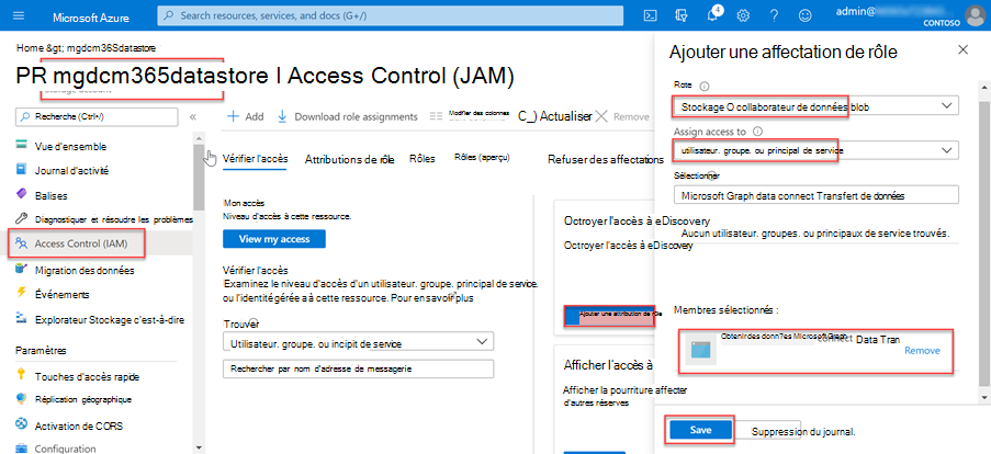 Capture d’écran montrant l’attribution de rôle appropriée à l’application pour Microsoft Graph Data Connect dans le compte stockage Azure dans le portail Azure.