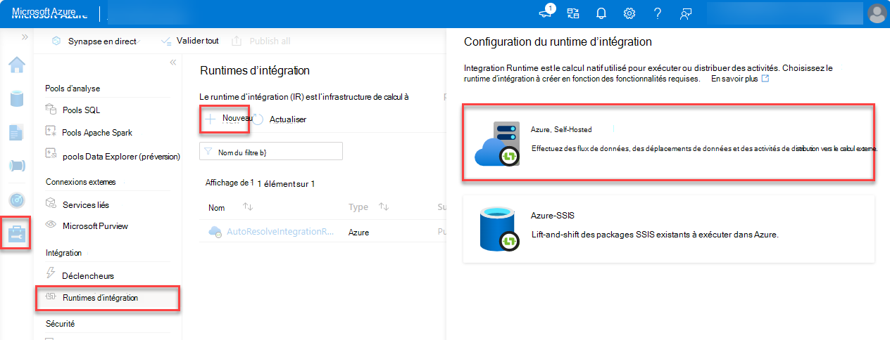 Capture d’écran de la configuration du runtime d’intégration avec Azure, Self-Hosted mise en évidence.