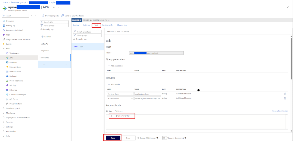 Capture d’écran de l’écran de gestion des API avec le corps de la demande mis en surbrillance