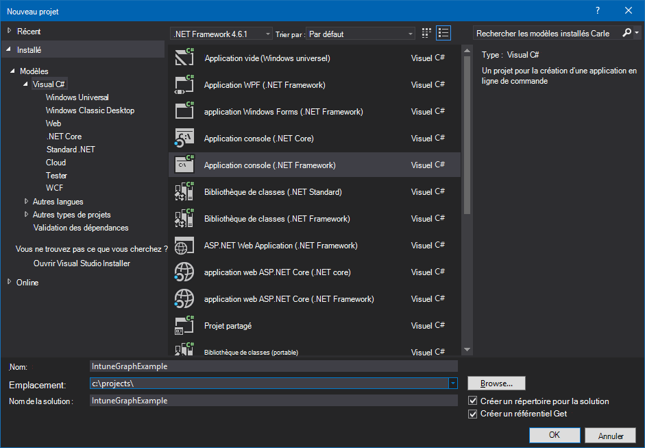 Création d’un projet d’application console C# dans Visual Studio