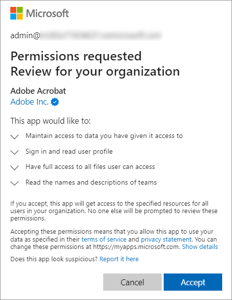 Dans le Centre d’administration Microsoft Teams, dans la boîte de dialogue pour accorder des autorisations, la coche bleue indique qu’il s’agit d’une application attestée par un éditeur.