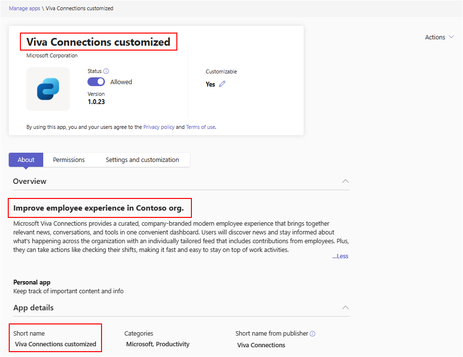 Capture d’écran montrant le nom court modifié d’une application.