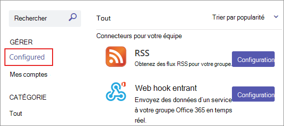 Capture d’écran montrant la section configurée pour les connexions de connecteur existantes dans une équipe.