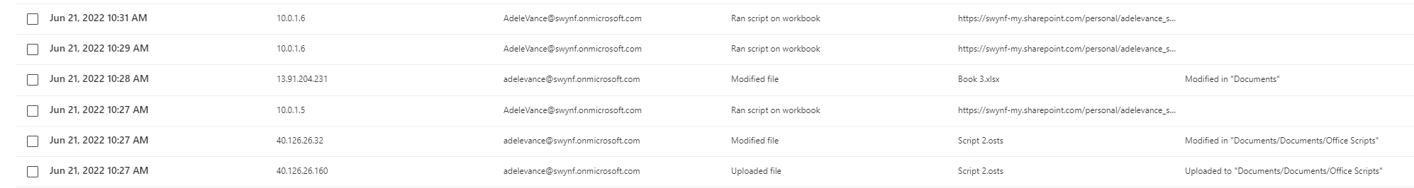 Quelques lignes de résultats de recherche dans le journal d’audit, notamment l’action « Exécuter le script sur le classeur » et le chargement et la modification d’un fichier .osts.