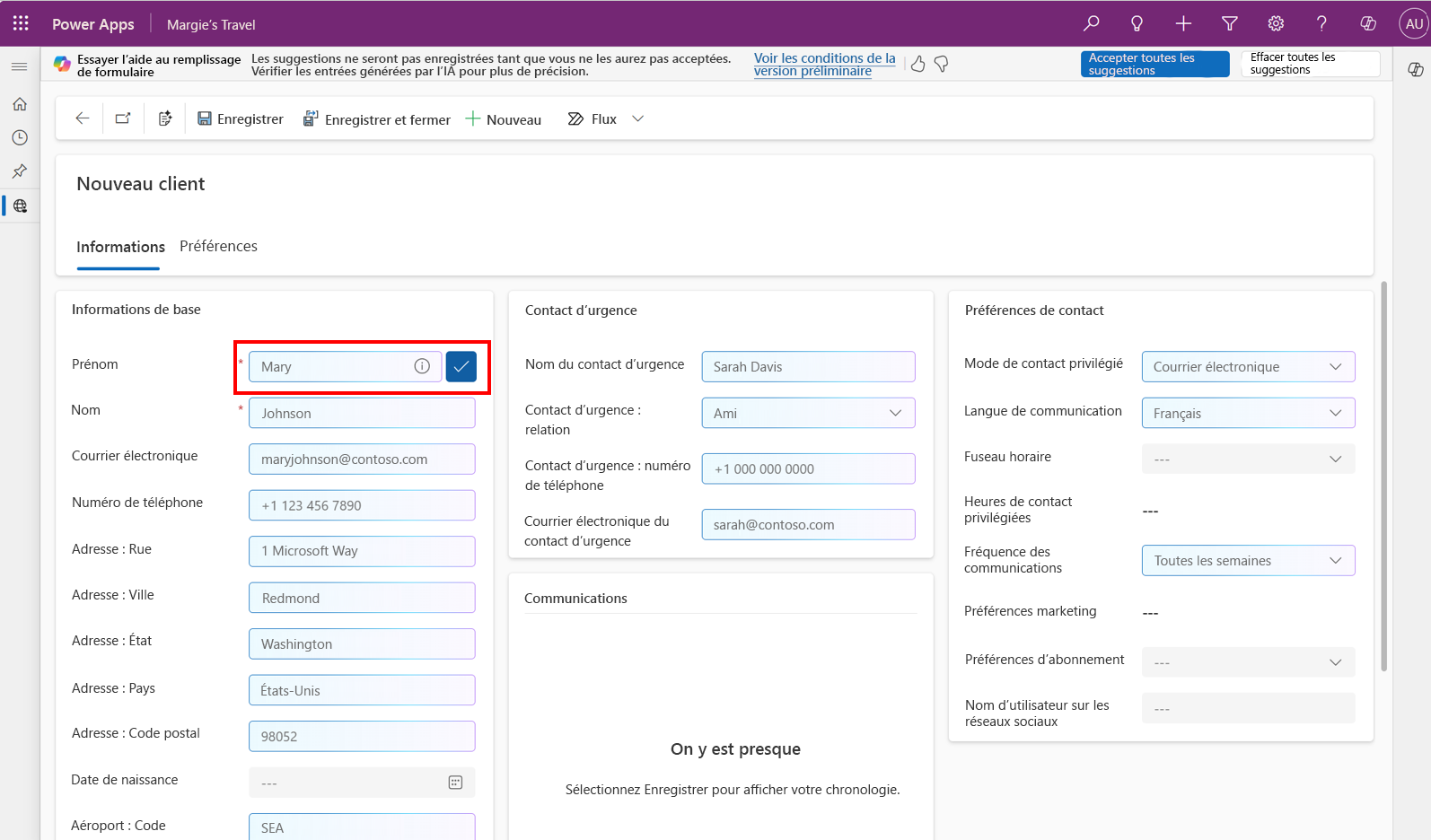 Capture d’écran montrant une suggestion de remplissage de formulaire spécifique acceptée.