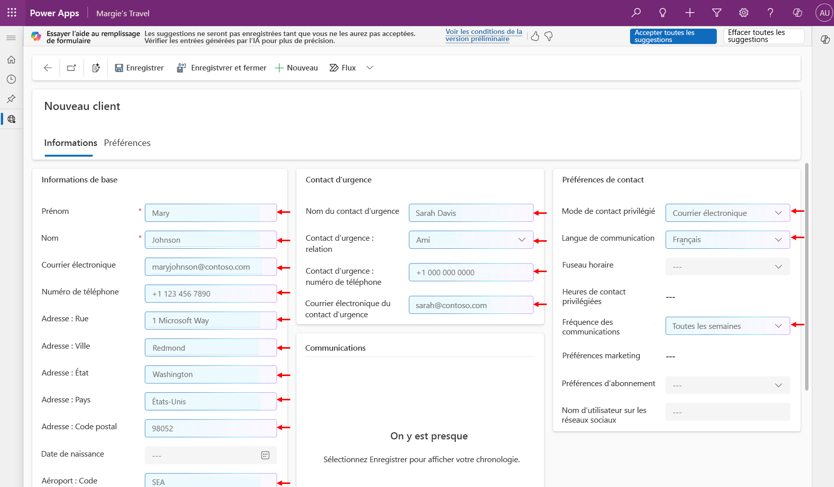 Capture d’écran montrant les suggestions de remplissage de formulaire présentées dans un formulaire.