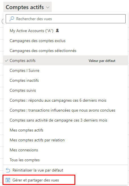 Une capture d’écran du sélecteur de vue, montrant l’option de gestion et de partage des vues.