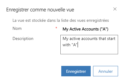 Capture d’écran des options Enregistrer comme nouvelle vue.