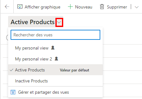 Une capture d’écran du sélecteur de vue sur une page de grille.