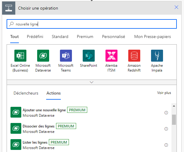 Sélectionnez l’action Ajouter une nouvelle ligne.