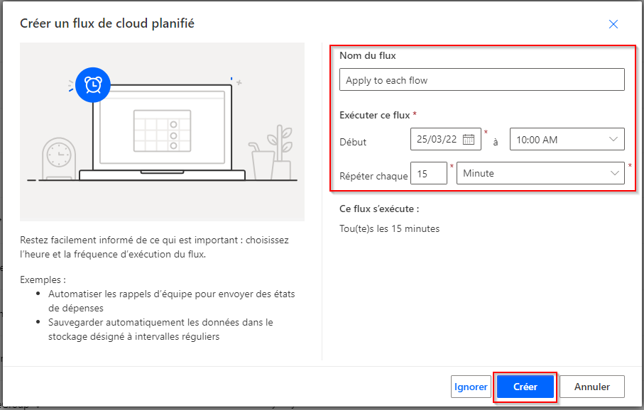 Capture d’écran des options pour configurer un flux planifié.