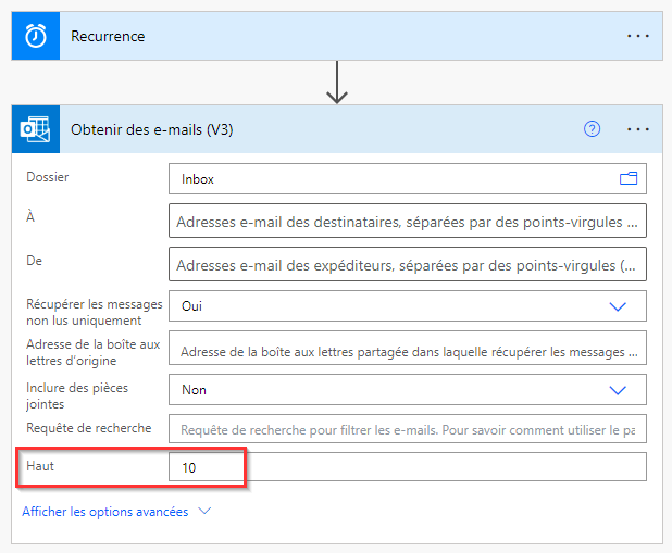 Capture d’écran d’une carte de courrier électronique configurée.