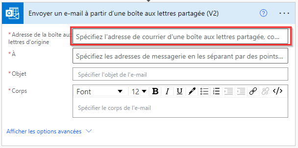 Capture d’écran montrant la carte Envoyer un e-mail à partir d’une boîte de réception (V2).