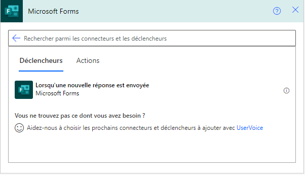 Capture d’écran du déclencheur Microsoft Forms dans le canevas Power Automate.