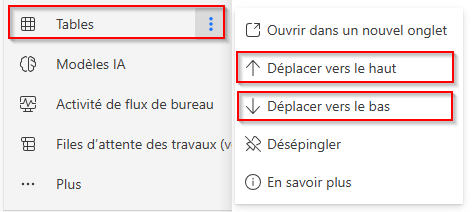 Capture d’écran des options pour déplacer vers le haut ou vers le bas.