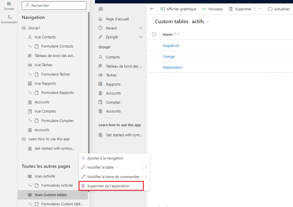 Supprimer la table personnalisée de l’application