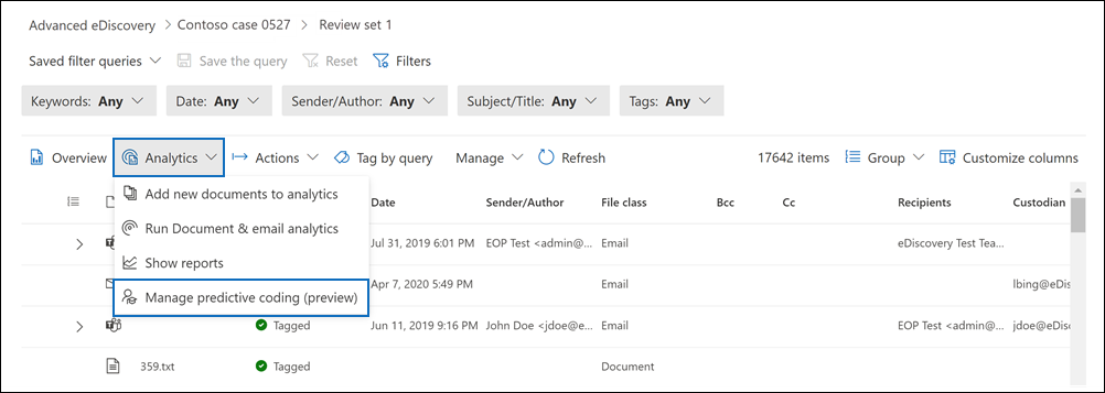 Sélectionnez le menu déroulant Analyser dans l’ensemble de révision pour accéder à la page Codage prédictif.