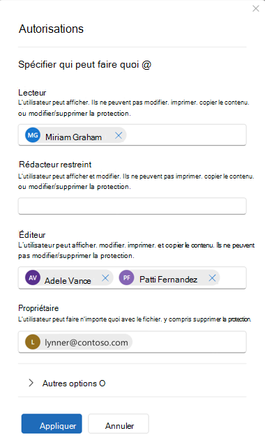 Boîte de dialogue utilisateur plus récente pour sélectionner les niveaux d’autorisation qui incluent EXTRAIRE le droit d’utilisation.