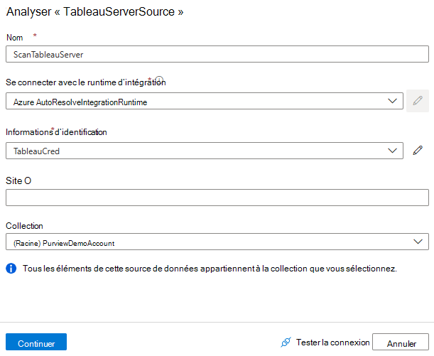 Capture d’écran de la configuration d’une analyse de serveur Tableau.