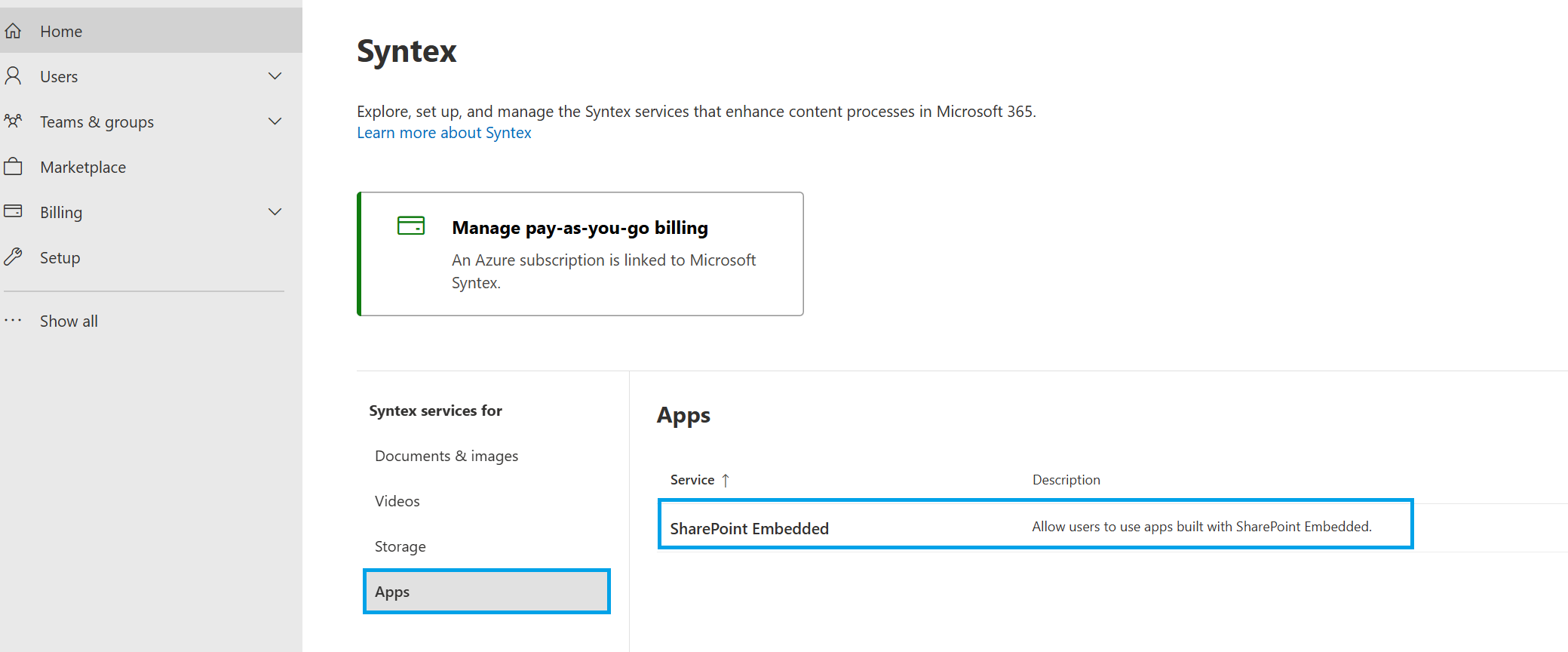 Centre d’administration Microsoft 365 paramètre de facturation SharePoint Embedded