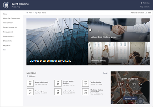 Capture d’écran d’un site de planification d’événements dans SharePoint.