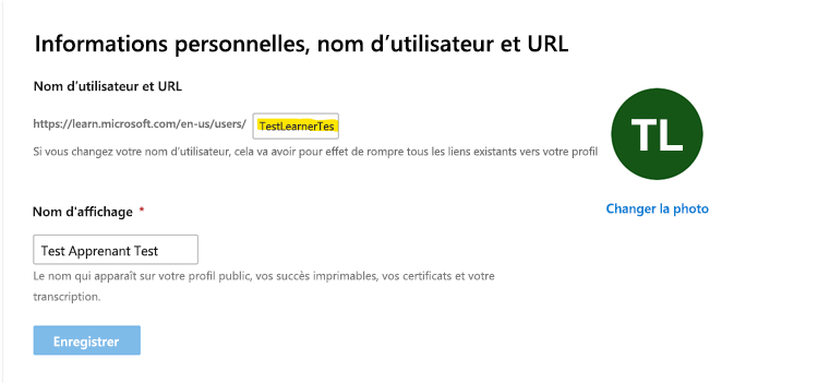 Nom d’utilisateur du profil Learn