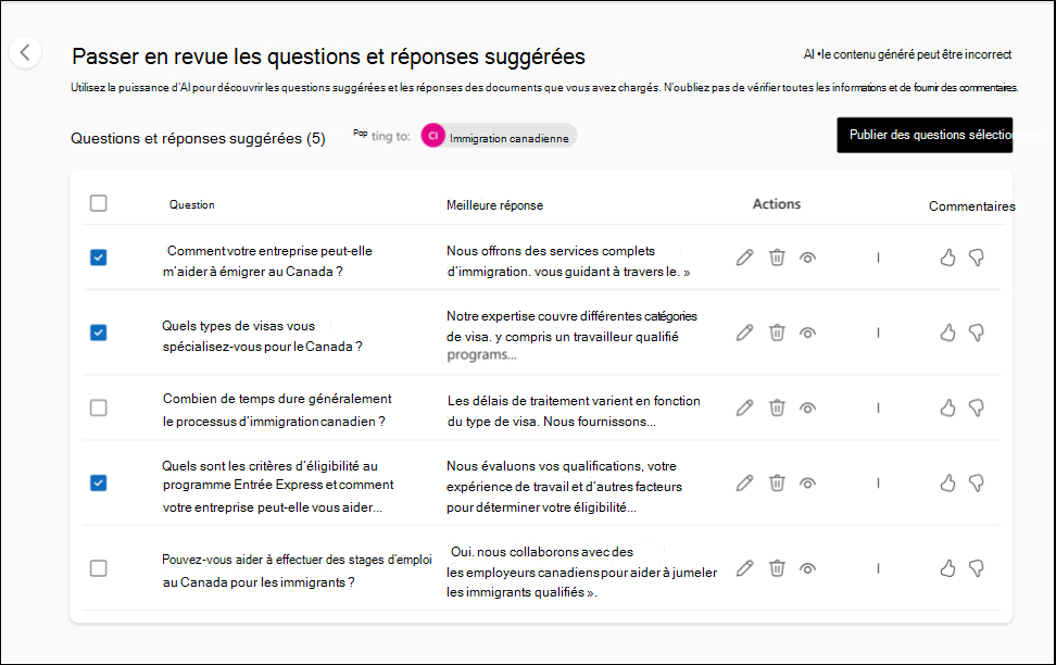 Capture d’écran montrant la liste générée par l’IA de questions et de réponses que vous pouvez choisir de modifier, puis d’importer.