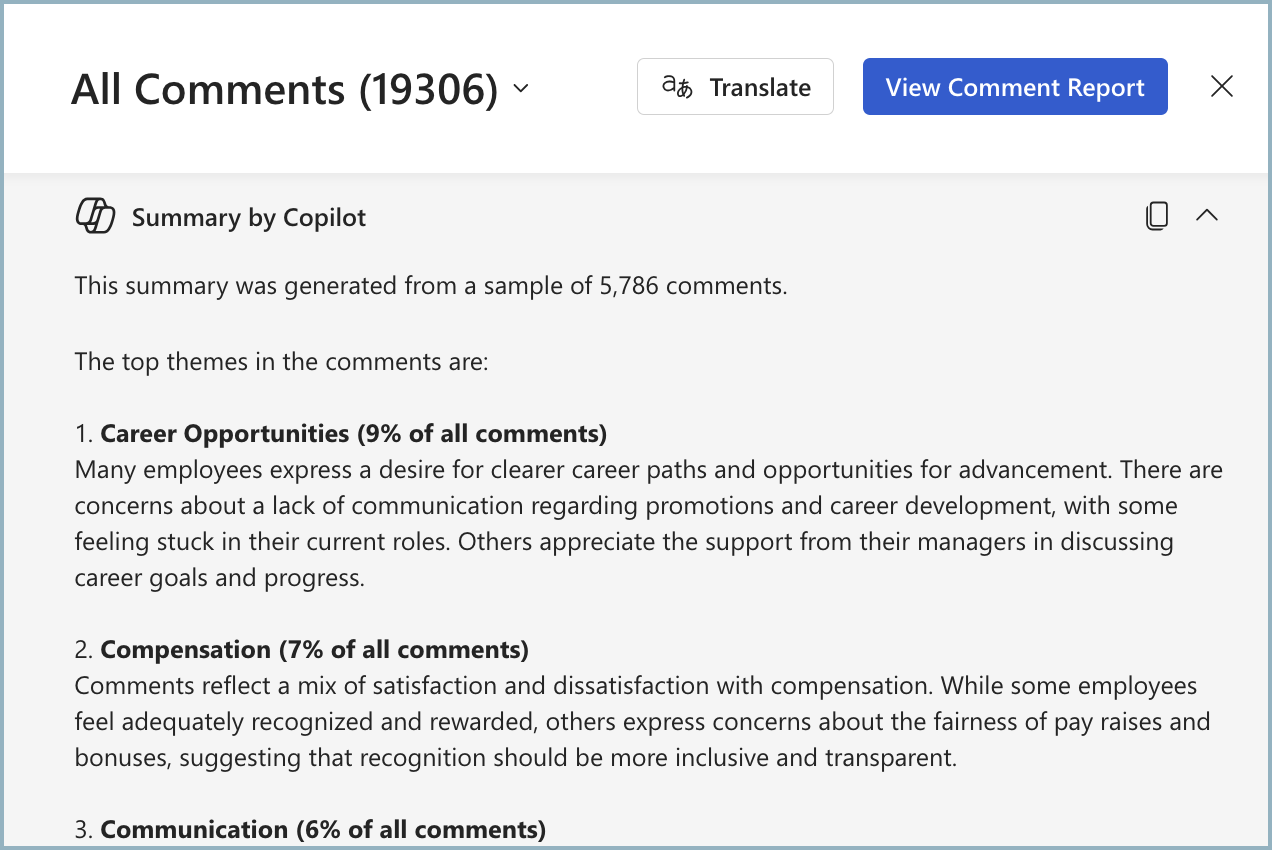 Capture d’écran montrant le résumé des commentaires que Copilot résume uniquement jusqu’à 8 000 commentaires.