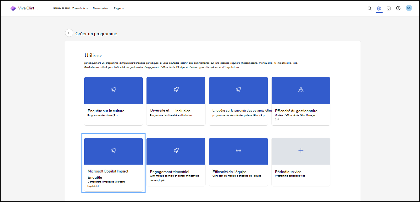 Capture d’écran des modèles de programme récurrents disponibles dans Viva Glint.