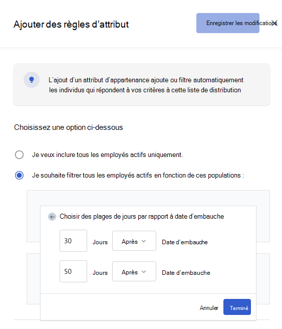 Capture d’écran d’une Viva Glint liste de distribution par date pour une enquête d’intégration de 30 jours.