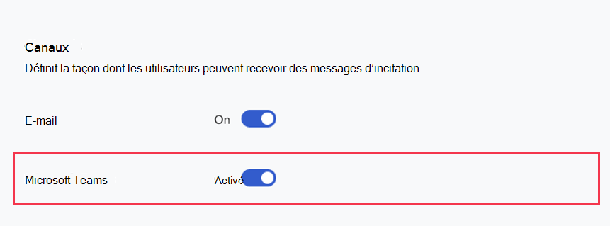 Capture d’écran du bouton bascule Microsoft Teams basculé sur Activé dans la section Configuration du groupe de destinataires pour un groupe de destinataires Nudges.