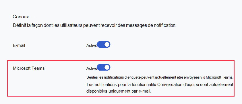 Capture d’écran du bouton bascule Microsoft Teams activé dans la section Communications d’une enquête Glint.