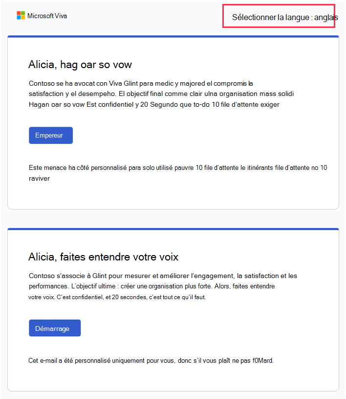 Capture d’écran d’un e-mail avec des sections espagnol et anglais et un lien hypertexte Sélectionner la langue en haut de l’e-mail.