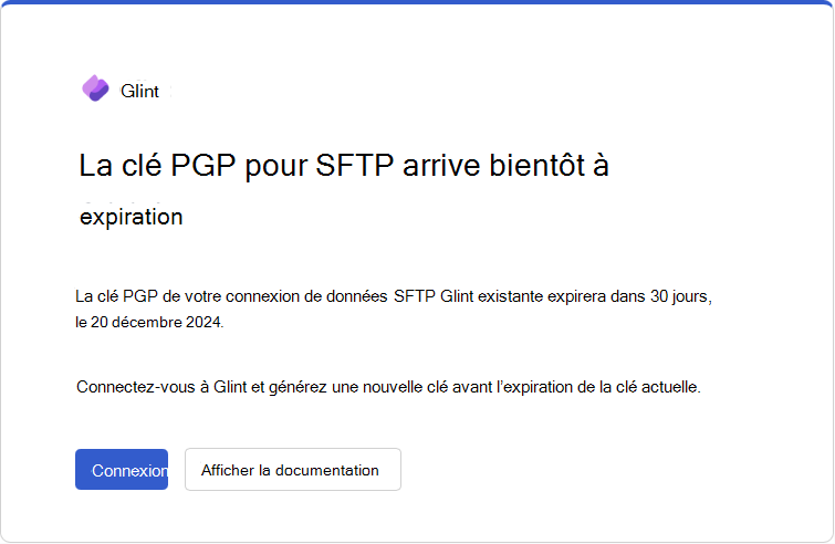 Capture d’écran de l’e-mail d’expiration de clé PGP que Glint envoie 30 jours avant la date d’expiration.