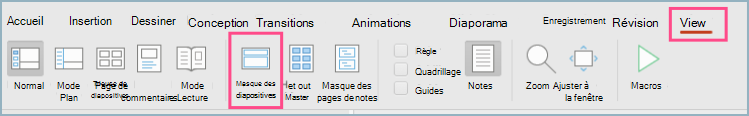 Capture d’écran du masque des diapositives PowerPoint dans la barre de menus Affichage.