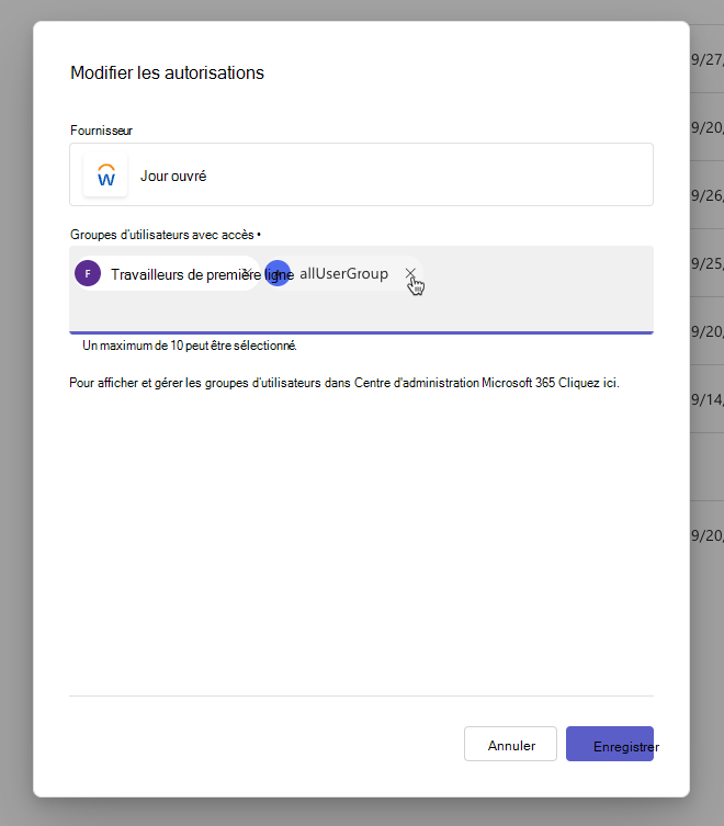 Capture d’écran du menu Modifier les autorisations avec l’option permettant de modifier l’accès des groupes d’utilisateurs.