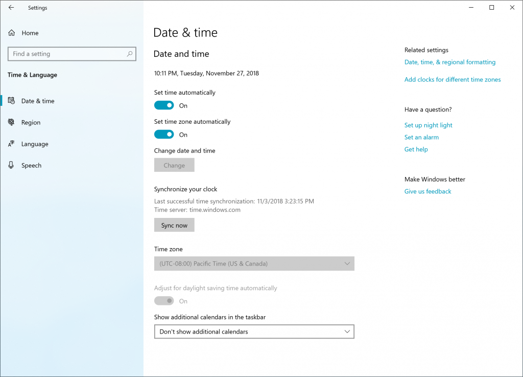 Option de synchronisation de votre horloge dans Paramètres.