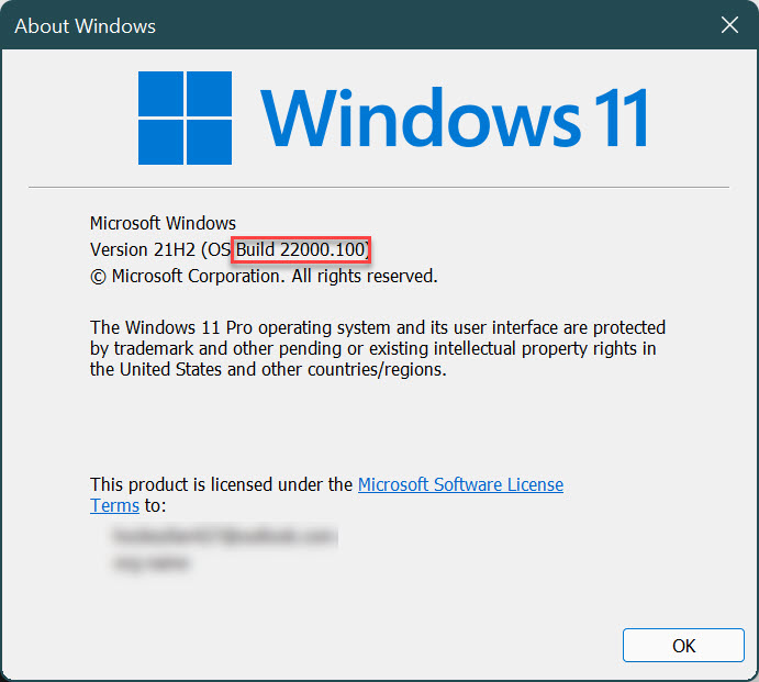 Module À propos de Windows qui s’affiche à partir de l’exécution de la commande winver, en mettant en évidence la build 22000.100 sur laquelle l’appareil est activé.