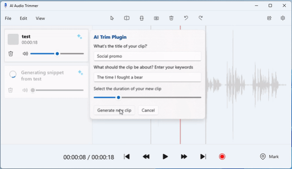 Capture d’écran de l’exemple d’application éditeur audio montrant un test de plug-in de découpage audio AI.