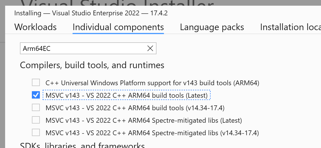 Capture d’écran de la case à cocher Arm64EC de Visual Studio Installer