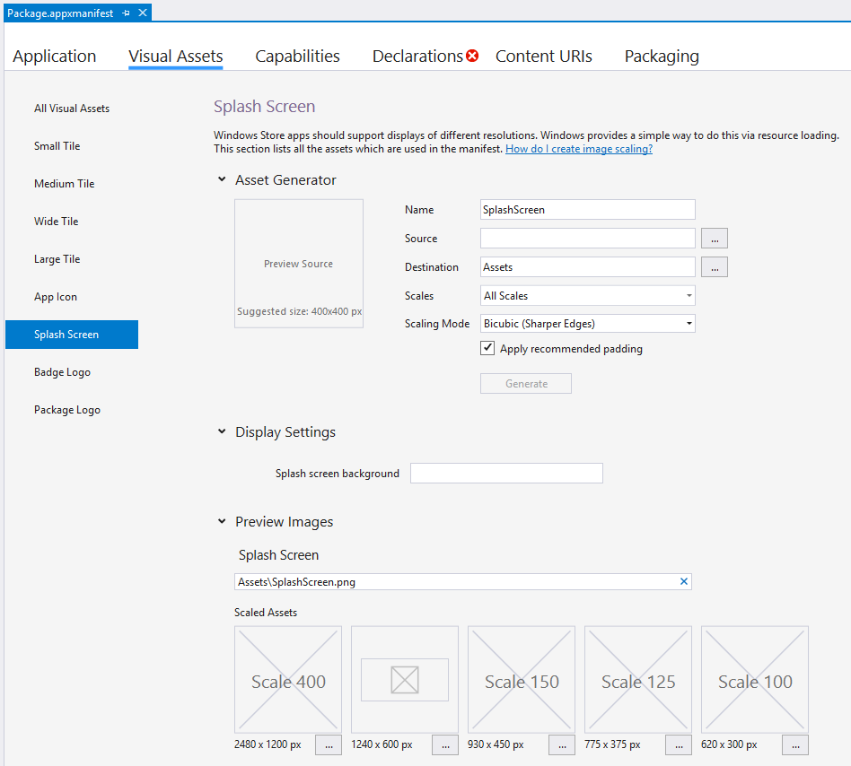 capture d’écran de la fenêtre « package.appxmanifest » dans Visual Studio 2019