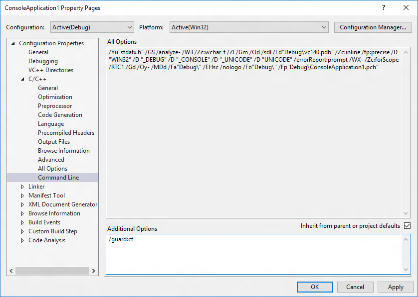 Capture d’écran de la configuration de génération des options supplémentaires pour les lignes de commande C/C++ dans Visual Studio avec la propriété définie sur /guard :cf