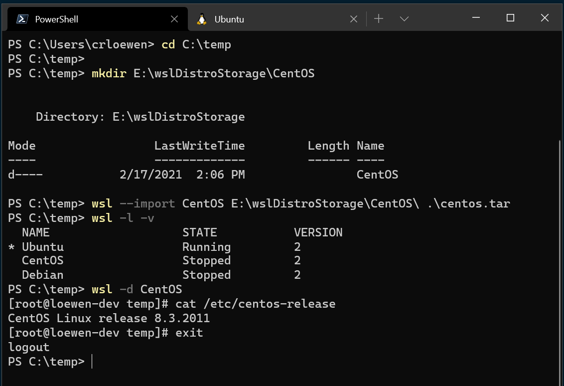 Exemple des commandes ci-dessus en cours d’exécution dans WSL